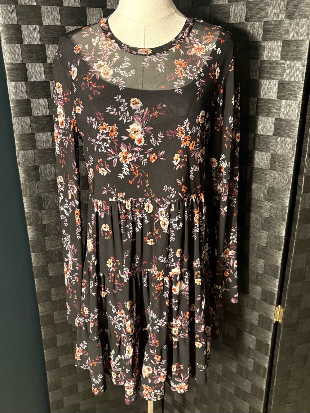Lily Rose Whimsigoth Ditsy Floral Sheer Sleeve Tiered Mini Dress